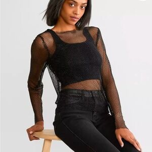 Retroluxe -1726 Black Rhinestone‎ Mesh Top Long Sleeve Fishnet Women's Small